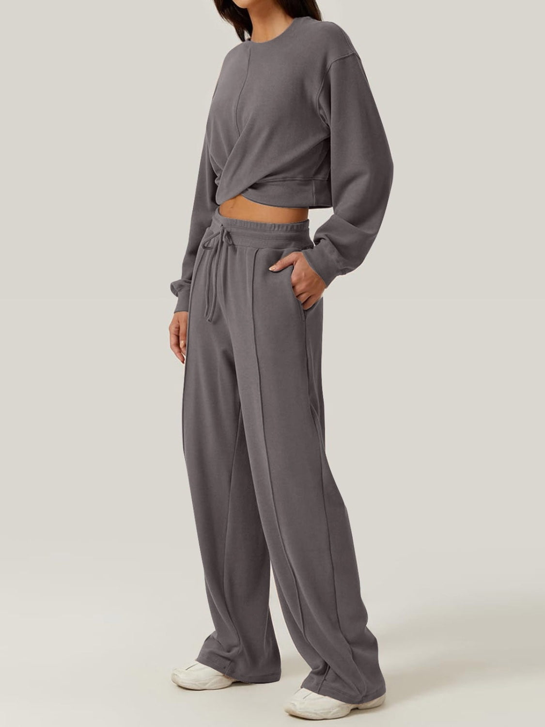 BELLA trendsi crisscross round neck top and drawstring pants set, casual matching outfit with stylish design and comfortable fit.