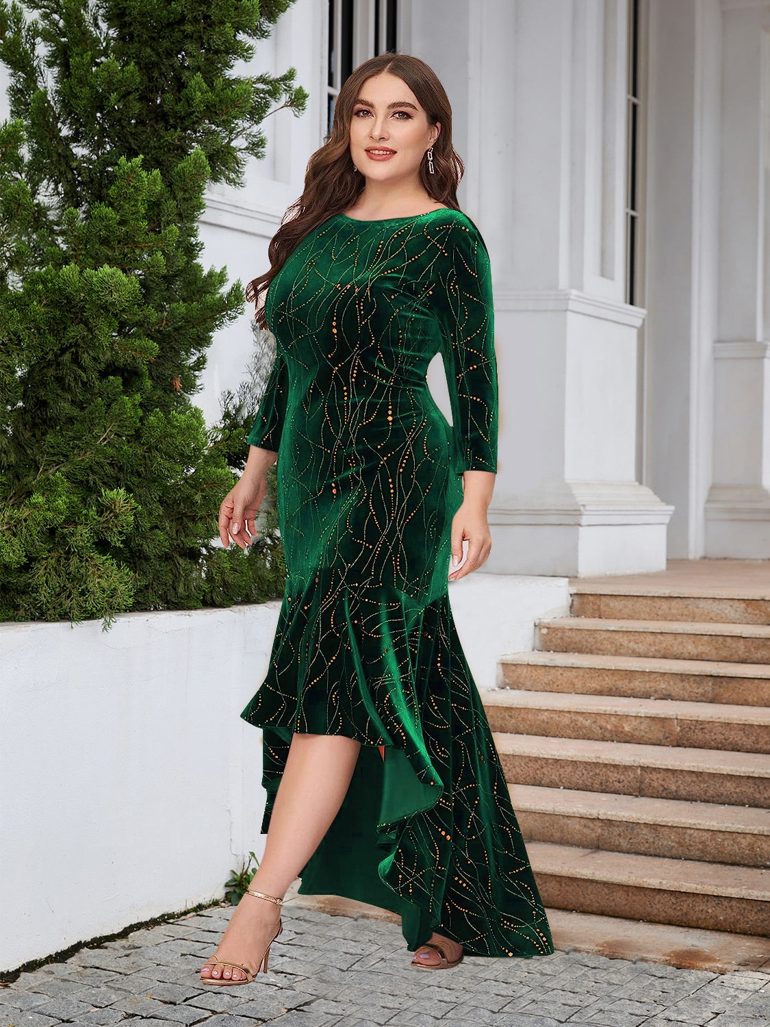 Plus size BELLA ruffle hem high-low dress with flowing fabric and stylish design, perfect for trendy plus size fashion.