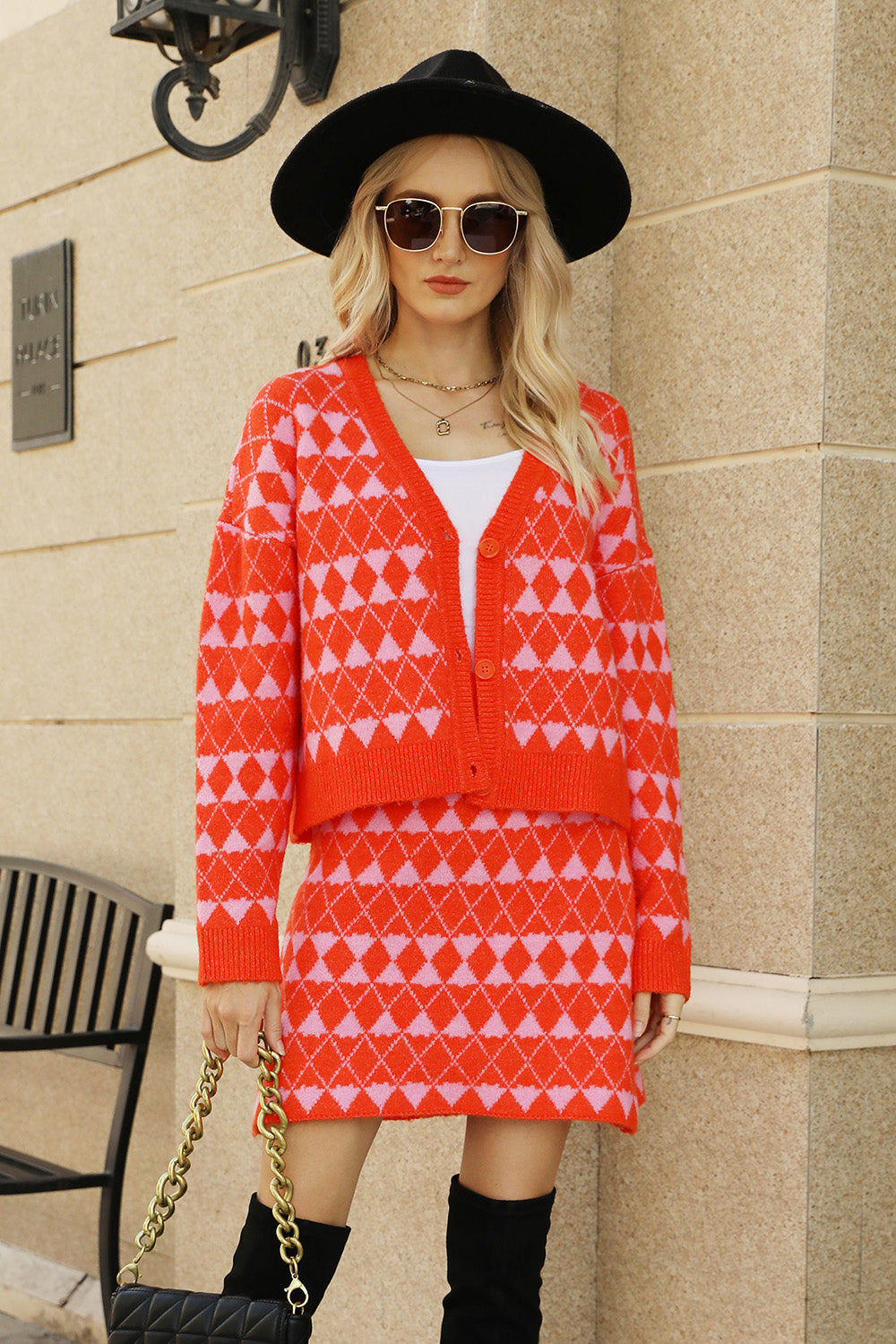BELLA Geometric button-front cardigan and matching skirt set from Trendsi, featuring bold patterns and stylish design.