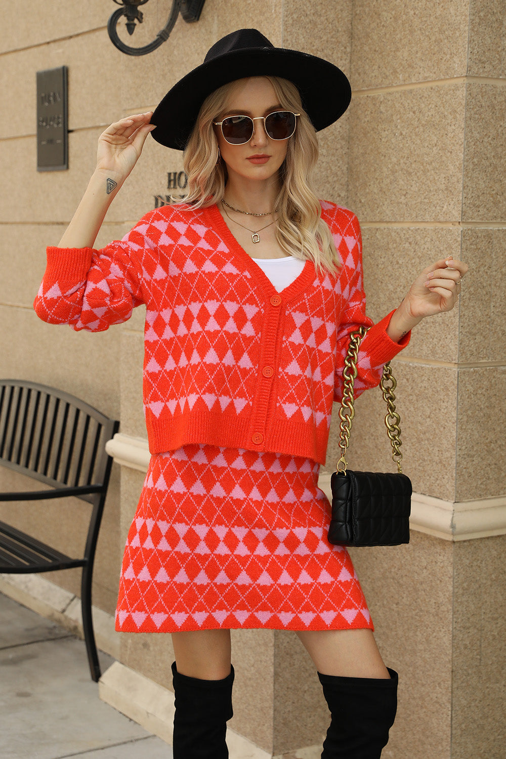 BELLA trendsi geometric button front cardigan and matching skirt set, featuring bold patterns and stylish design.