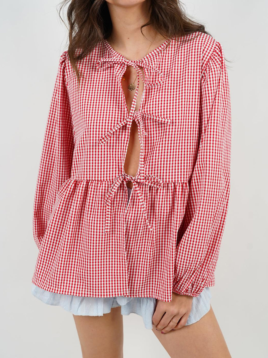 BELLA BLA tied round neck long sleeve blouse in trendy fabric, featuring a relaxed fit and stylish design.