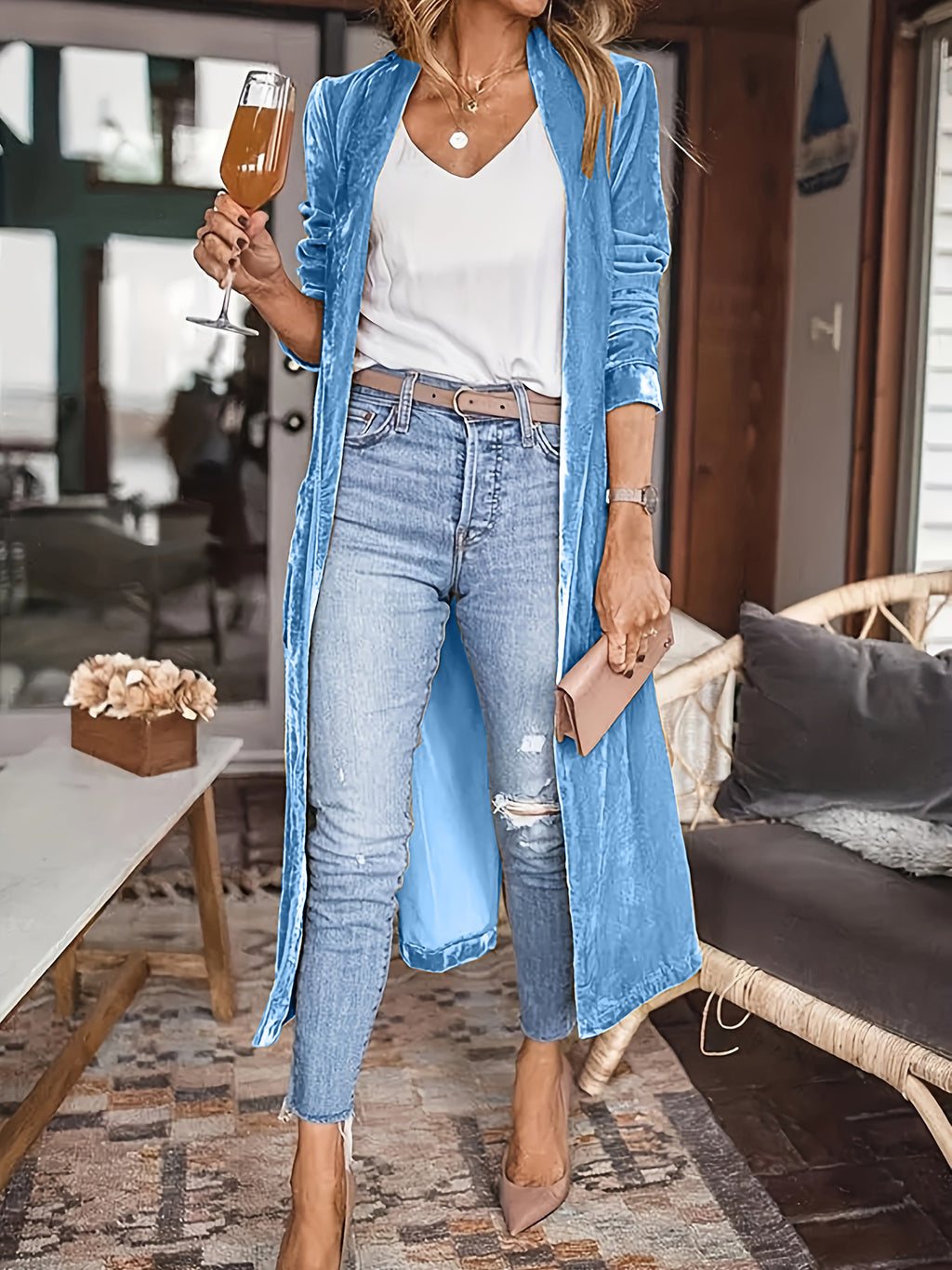 Open front long sleeve coat by BELLA BLA, featuring a stylish, lightweight design with a relaxed fit and open front silhouette.