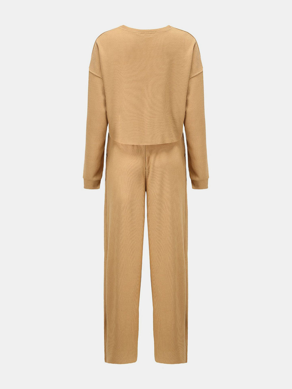 BELLA Waffle-Knit Round Neck Top and Pants Set in cozy fabric, featuring a relaxed fit and stylish design.