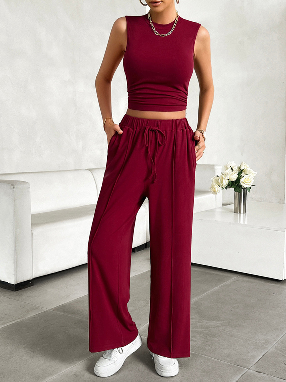 BELLA trendsi mock neck sleeveless top and drawstring pants set in soft fabric, stylish and comfortable for casual wear.