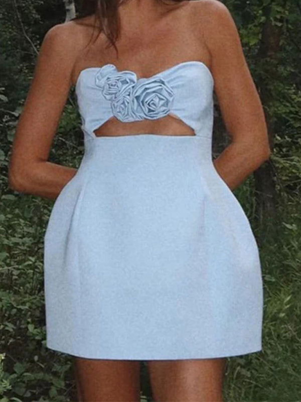 Solid Color 3D Flower Mini Dress