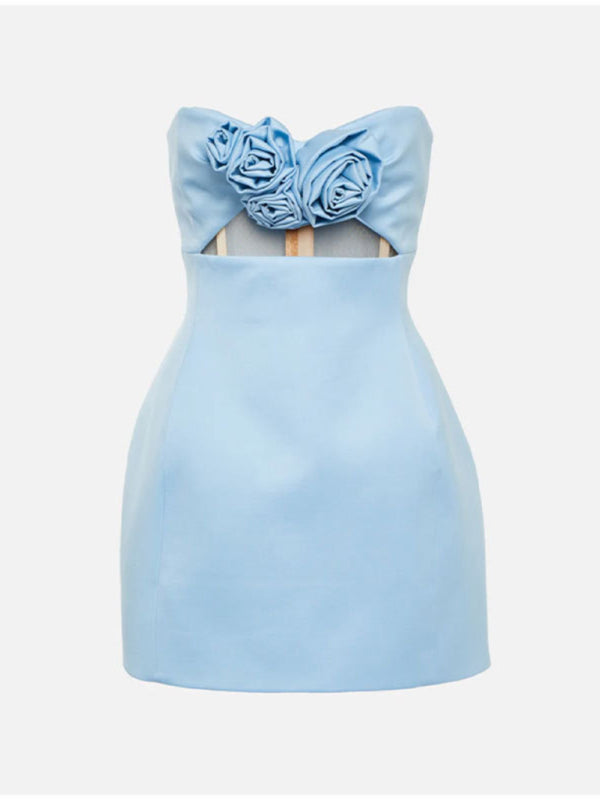 Solid Color 3D Flower Mini Dress