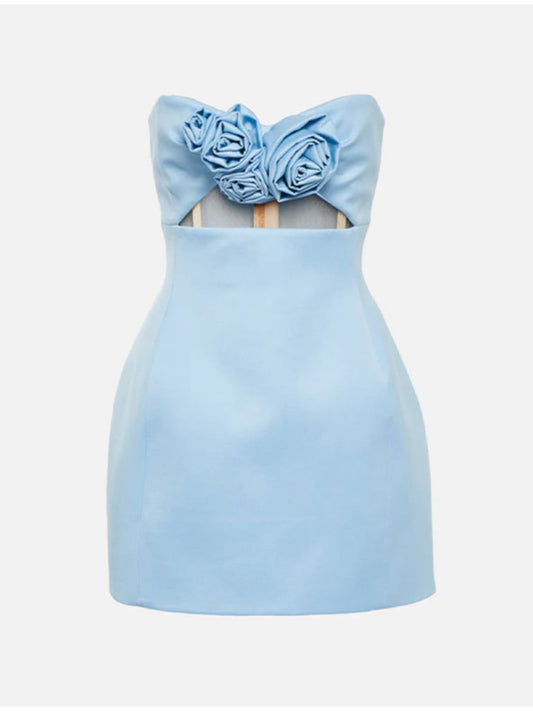Solid Color 3D Flower Mini Dress