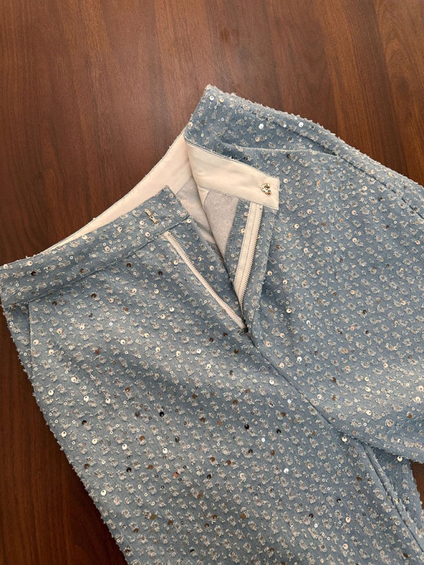 Sequined Denim Straight Pants