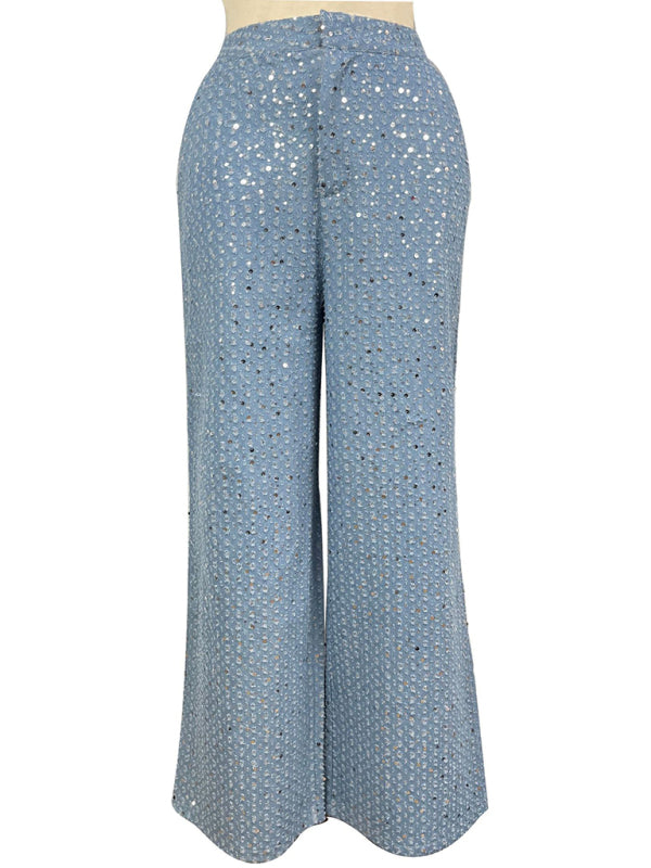 Sequined Denim Straight Pants