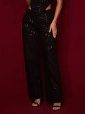 Sequined Denim Straight Pants