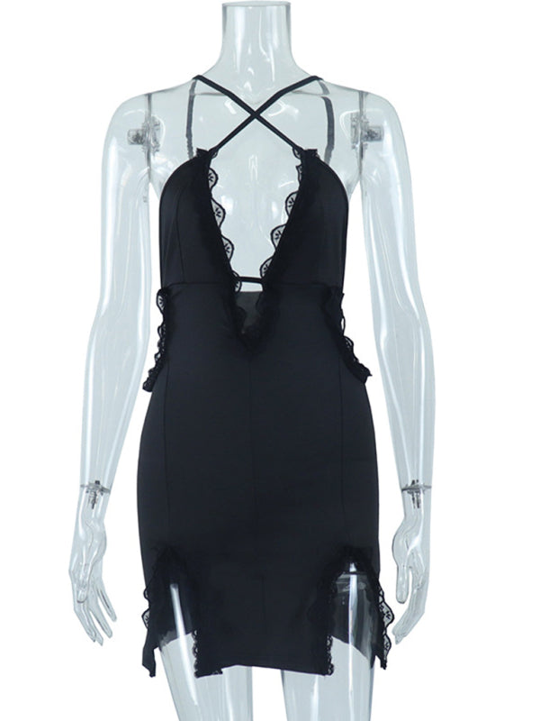 Sling Hollow Lace Slit Hip Dress