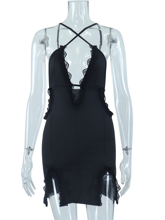 Sling Hollow Lace Slit Hip Dress
