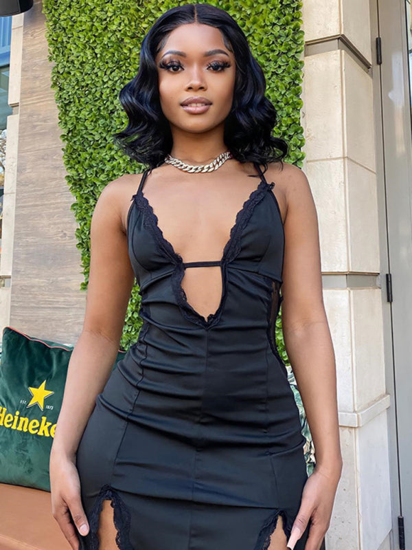 Sling Hollow Lace Slit Hip Dress