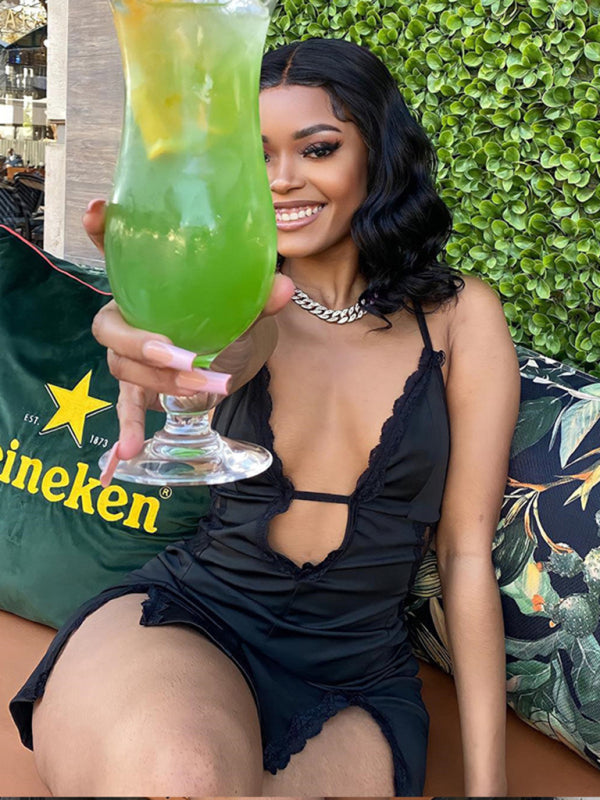 Sling Hollow Lace Slit Hip Dress