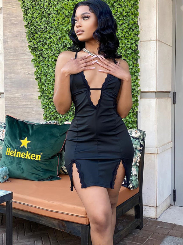 Sling Hollow Lace Slit Hip Dress