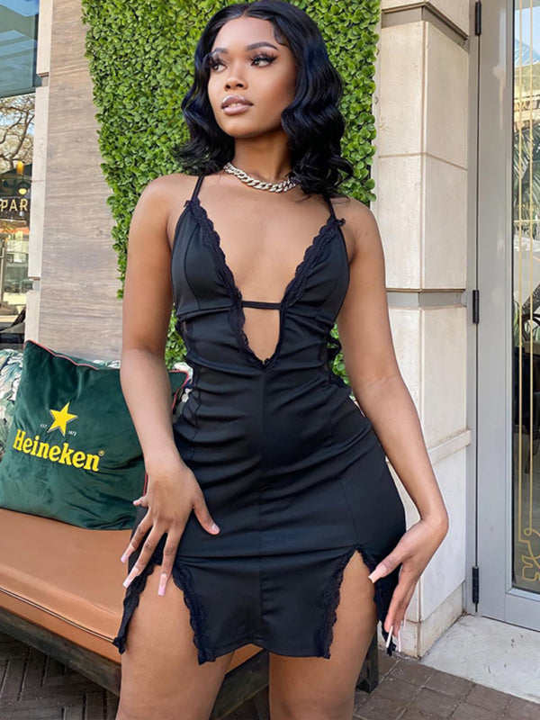 Sling Hollow Lace Slit Hip Dress