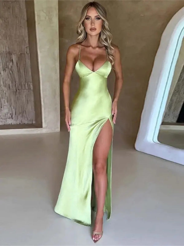 V-Neck Satin Slit Sexy Backless Maxi Dress