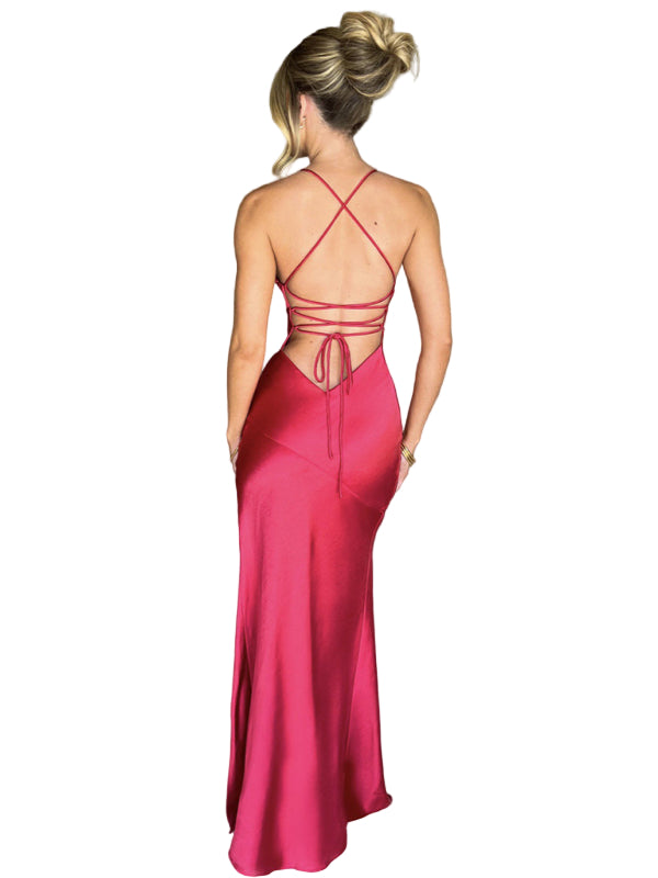 V-Neck Satin Slit Sexy Backless Maxi Dress