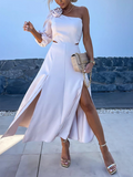 One Shoulder Slit Double Layer Dress