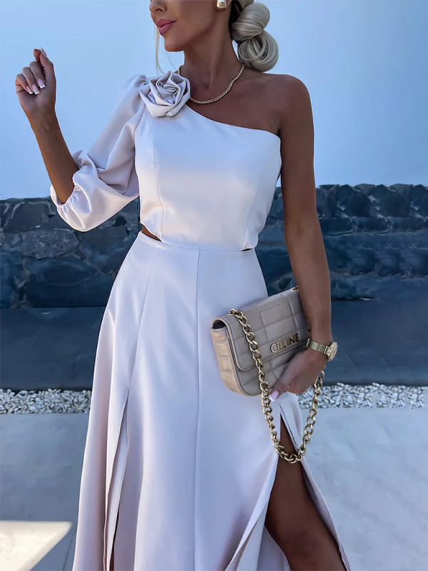 One Shoulder Slit Double Layer Dress