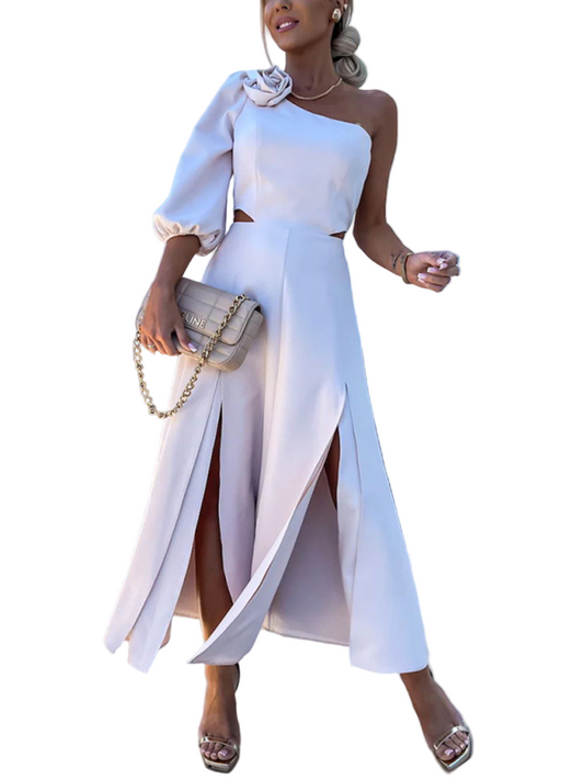 One Shoulder Slit Double Layer Dress