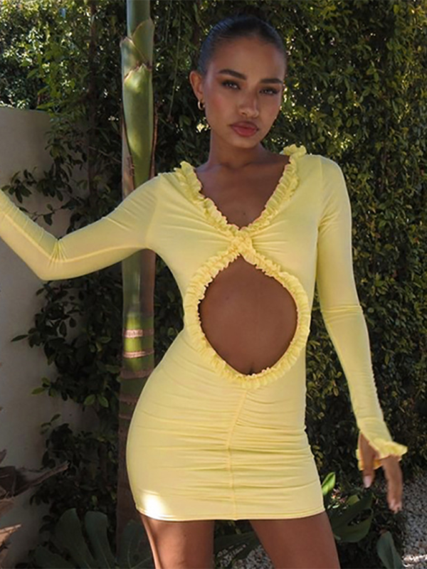 Solid Hollow Navel-Exposing Dress