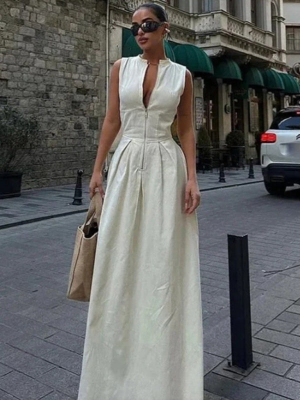 V-neck Zipper Neck Dress
