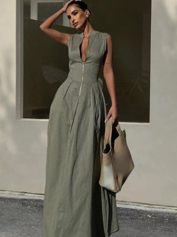 V-neck Zipper Neck Dress