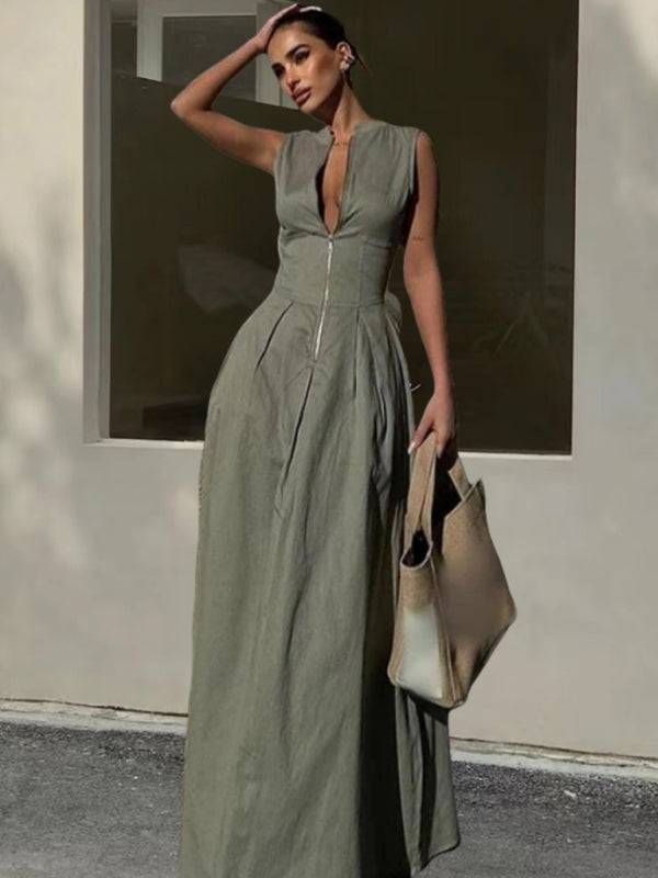 V-neck Zipper Neck Dress