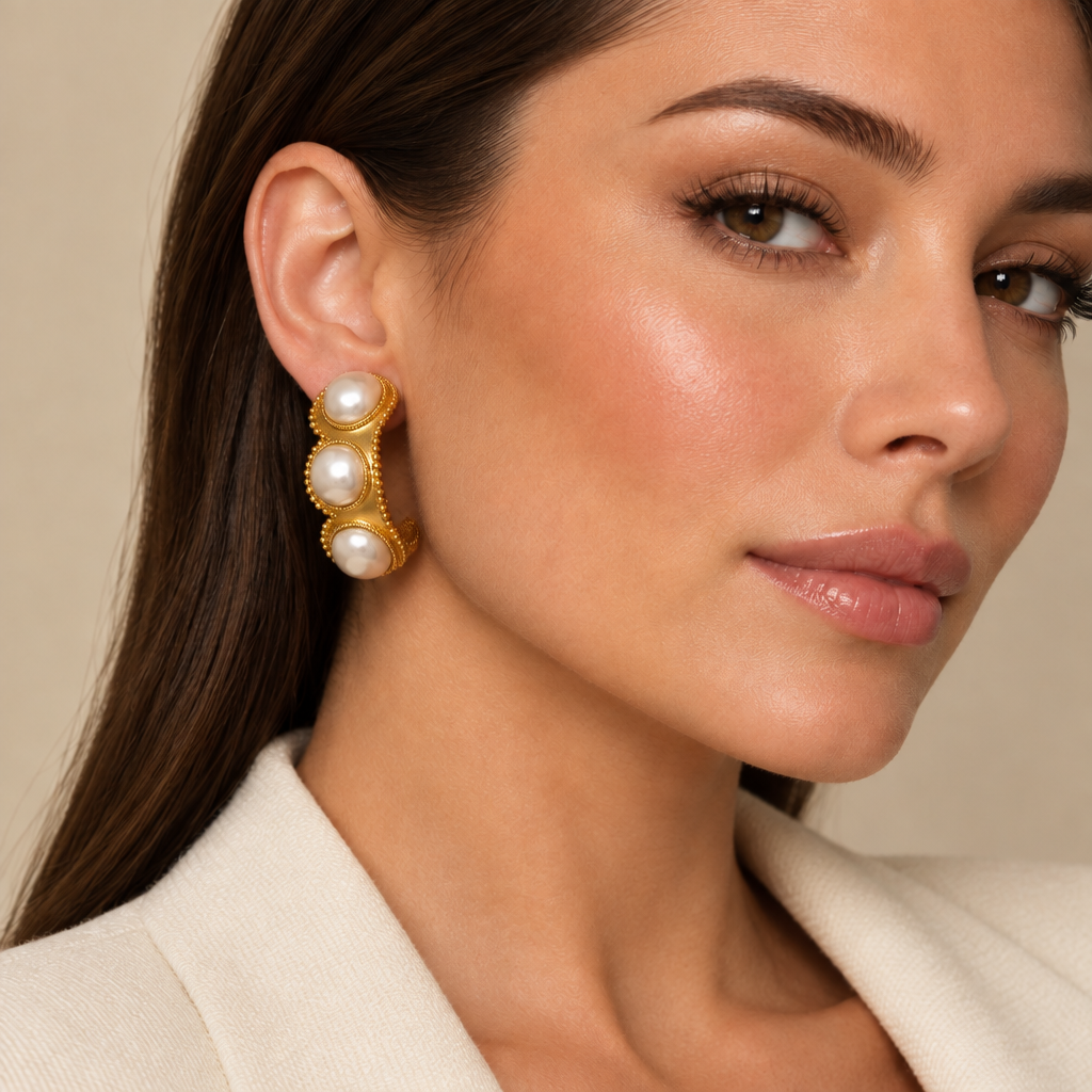Model wearing vertical pearl earrings with a slightly rounder curve