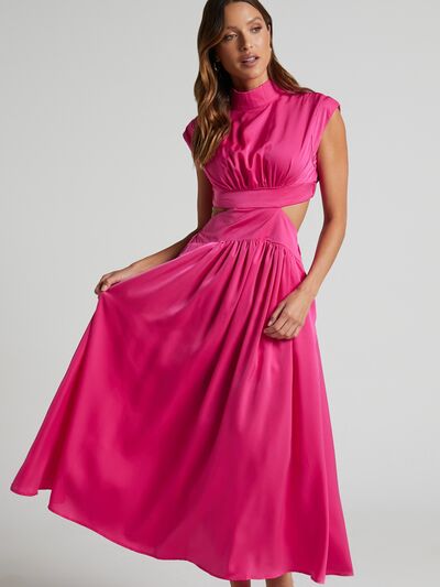 BELLA BLA trendsi sleeveless cutout mock neck dress with a fitted silhouette and stylish design, shown from the front.