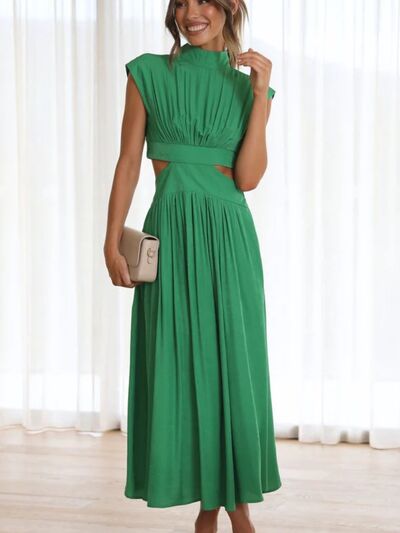 Black cutout mock neck sleeveless dress by BELLA BLA, featuring a stylish high neckline and sleeveless design.
