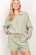 BELLA texture button-up shirt and shorts set, trendy casual outfit, featuring a textured fabric in a stylish design.