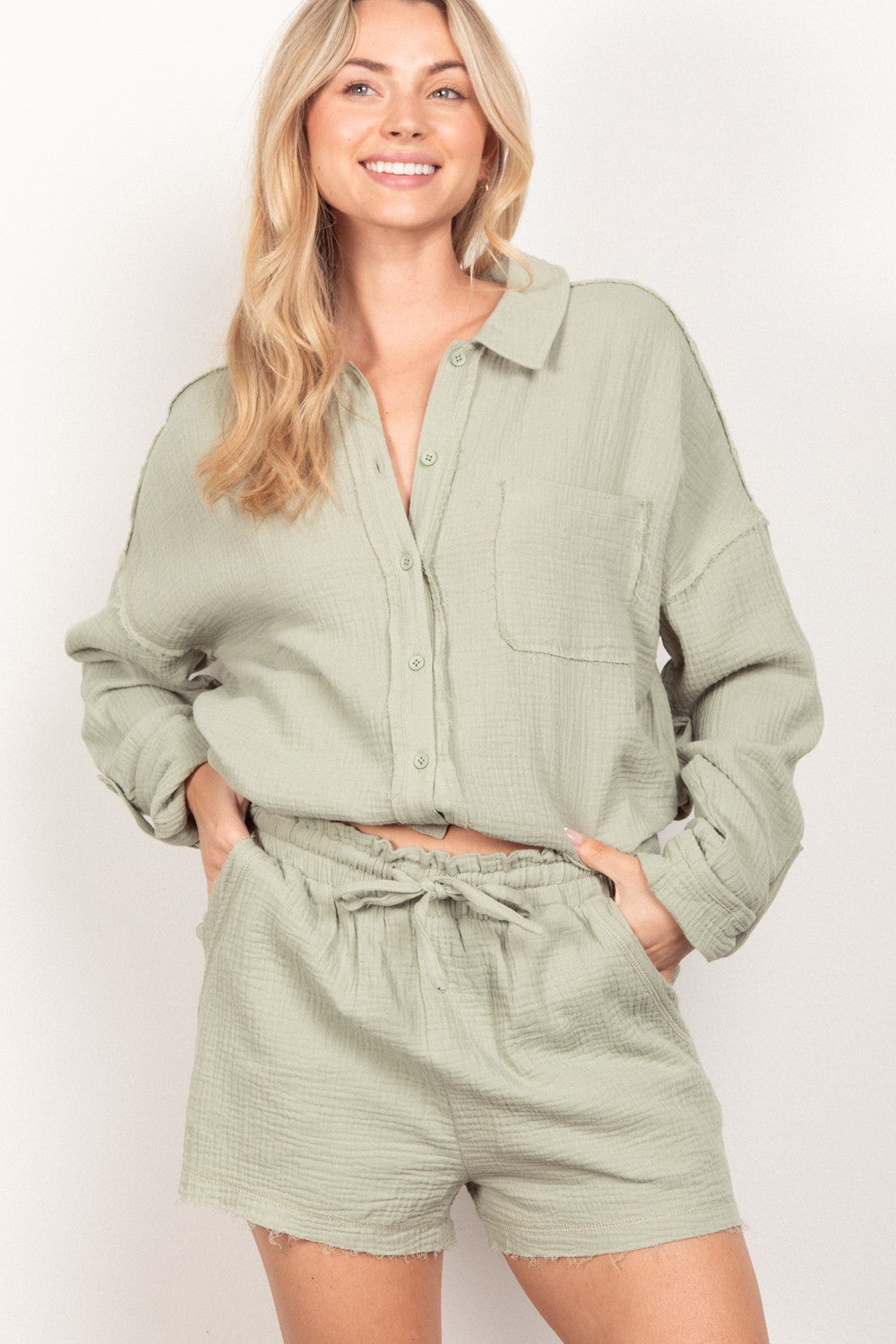 BELLA texture button-up shirt and shorts set, trendy casual outfit, featuring a textured fabric in a stylish design.