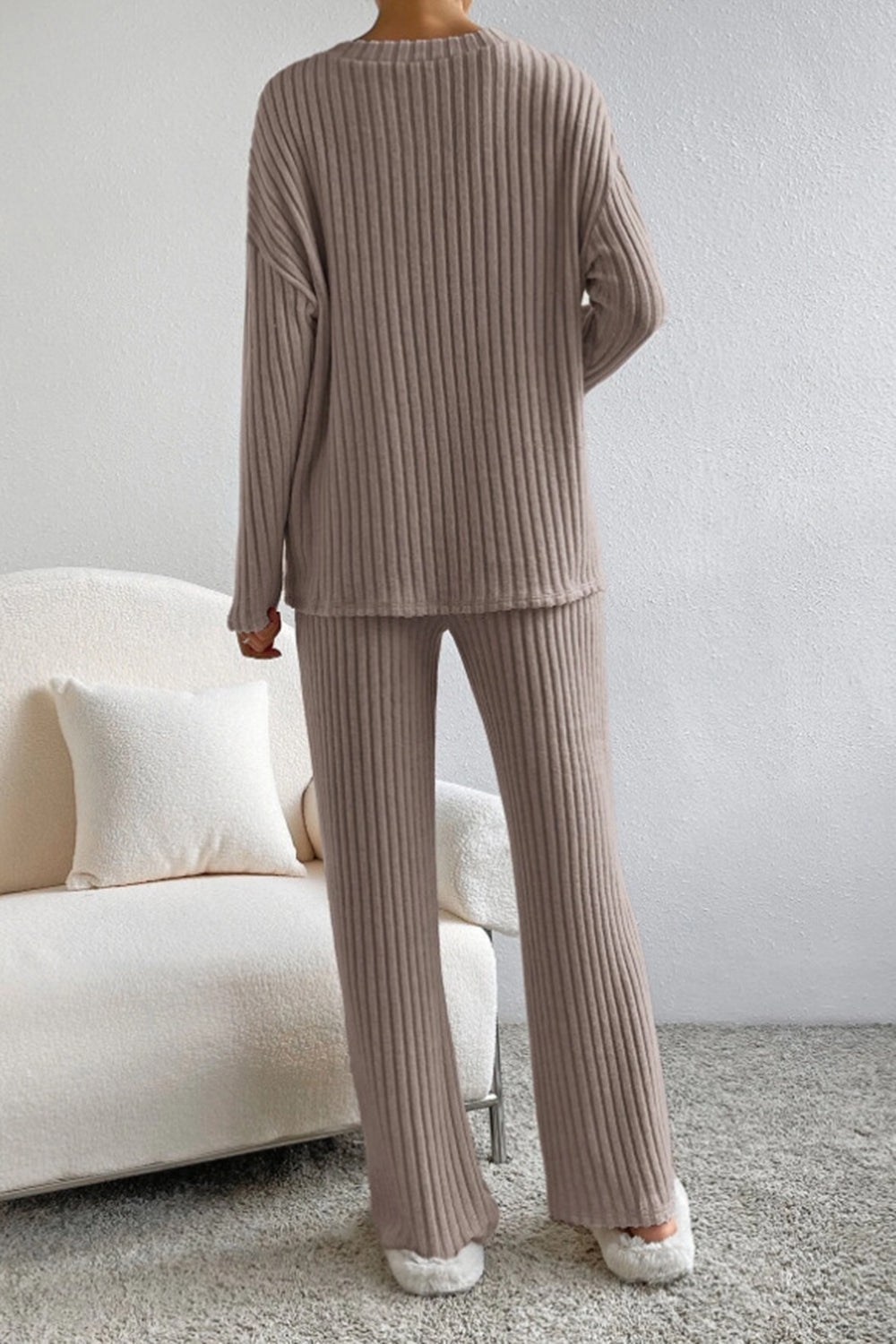 BELLA BLA ribbed V-neck top and pants set in neutral color, featuring a fitted ribbed fabric design and stylish silhouette.