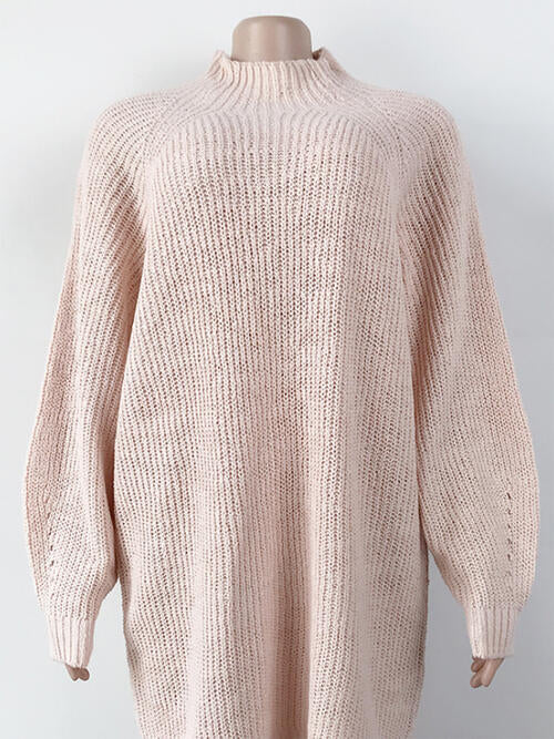 BELLA Zopi mock neck dropped shoulder sweater dress, cozy knit with relaxed fit and ribbed hem, in soft neutral color.