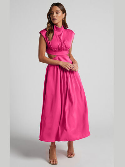 BELLA BLA trendsi cutout mock neck sleeveless dress with a stylish cutout design and fitted silhouette, shown on a model.