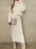 BELLA BLA turtleneck dropped shoulder sweater and midi dress set in cozy knit fabric, displayed on a mannequin.