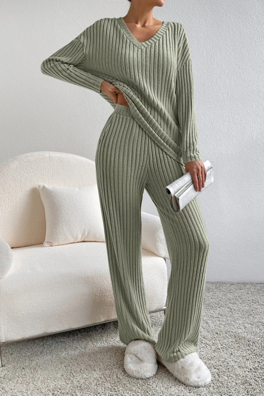 Ribbed V-neck top and matching pants set by BELLA BLA, soft knit fabric, fitted silhouette, in a stylish ribbed design.