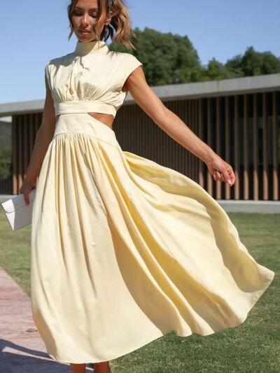 BELLA BLA trendsi sleeveless cutout mock neck dress featuring a fitted silhouette and stylish design.