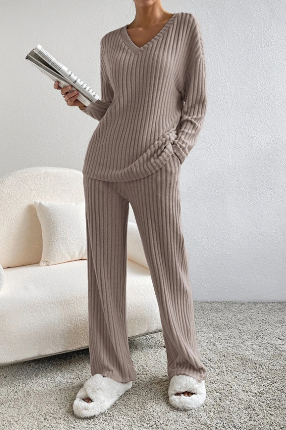 Ribbed V-neck top and matching pants set by BELLA BLA, featuring a fitted design in a trendy, comfortable style.