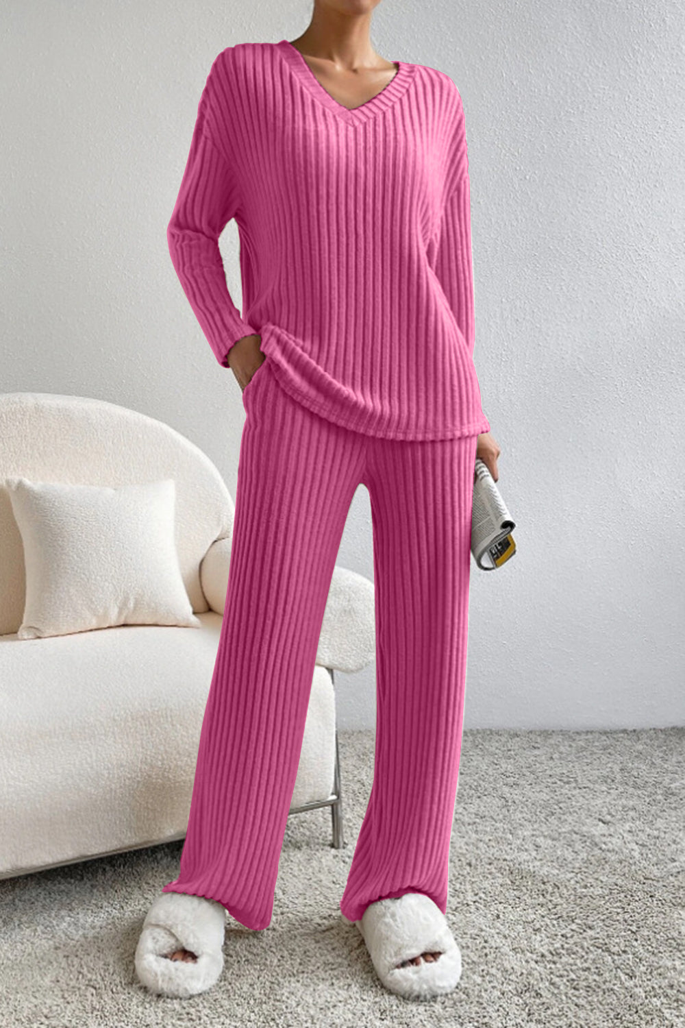BELLA BLA ribbed V-neck top and matching pants set in a trendy, fitted design, shown in a neutral color.
