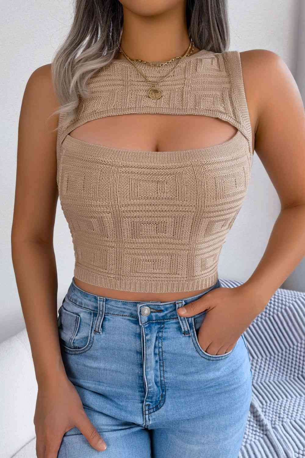 BELLA BLA sleeveless knit top with a trendy cutout design, featuring a fitted silhouette and ribbed texture.