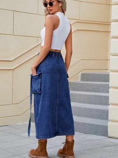 BELLA slit pocketed high waist denim skirt showing front view with pockets and slit detail, casual stylish women's denim skirt