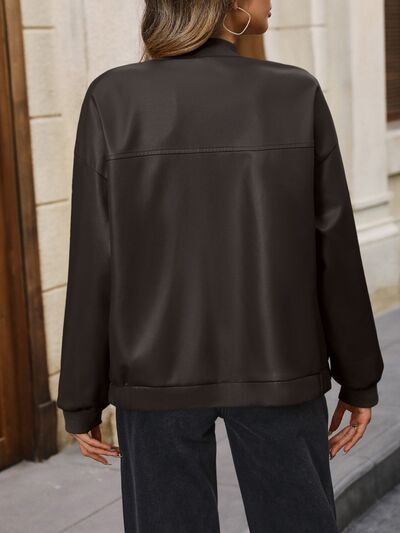 BELLA trendsi baseball dropped shoulder jacket featuring a relaxed fit, casual style, and classic design, shown in the image.