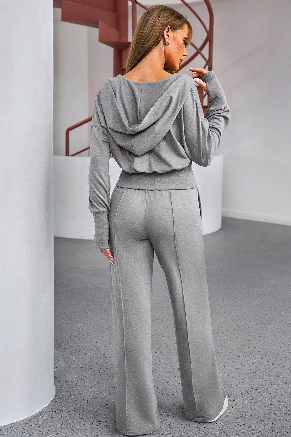 BELLA dropped shoulder hoodie and drawstring pants active set in trendy casual style, shown in a neutral color.