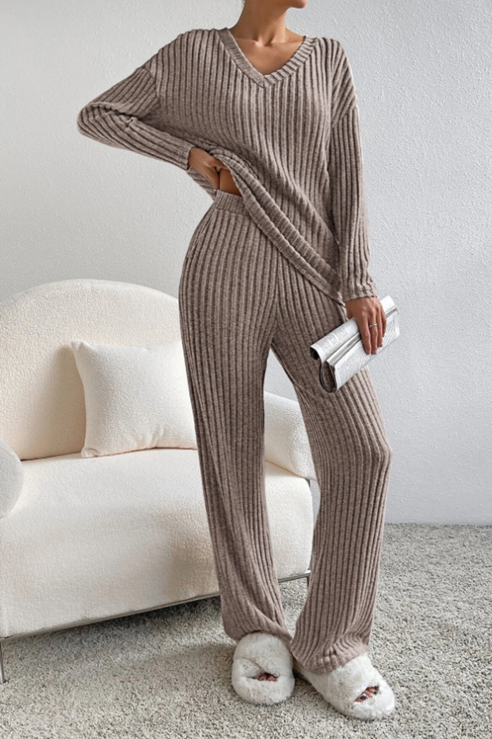 BELLA BLA ribbed V-neck top and matching pants set in neutral color, featuring a fitted style and comfortable fabric.