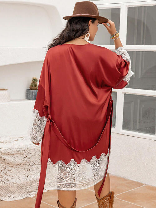 Plus Size Lace Trim Tie Front Robe