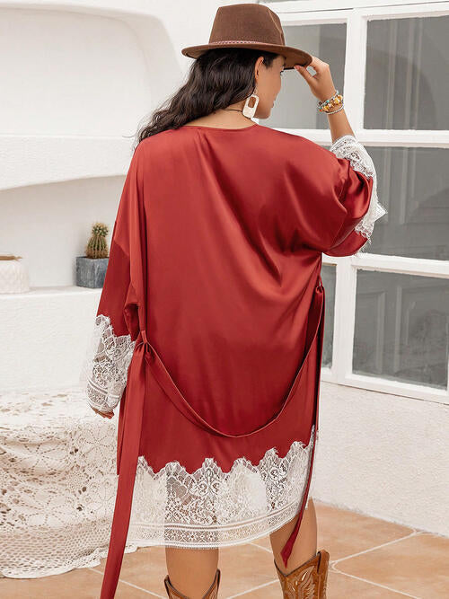 Plus size BELLA lace trim tie front robe with floral pattern, lightweight fabric, and long sleeves, perfect for lounging or bedtime.