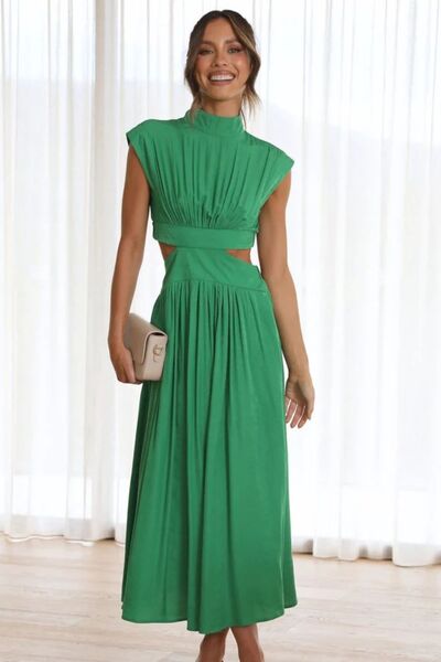 BELLA BLA cutout mock neck sleeveless dress from trendsi, featuring a sleek design with a cutout detail at the neckline.